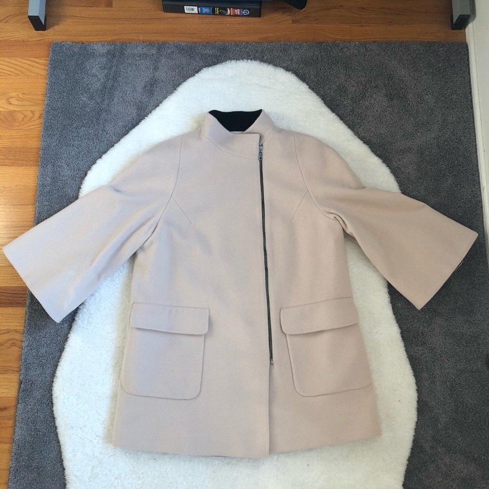 Fleurette Stone/Black 100% Wool Cape Kimono Sleeve Jacket High Neck Coat